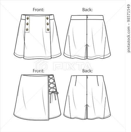 Vector mini skirt short fashion, wrapped woman skort with elasticized waistband sketch, template, flat, technical drawing. Jersey or woven fabric skirt template set with front, back view, white color Vector mini skirt short fashion, wrapped woman skort with elasticized waistband sketch, template, flat, technical drawing. Jersey or woven fabric skirt template set with front, back view, white color 98571549