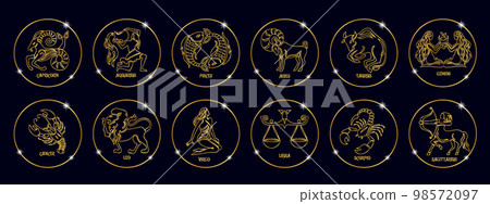 Set of zodiac signs in golden shiny circles. Golden design on a black background. Icons, templates, vector 98572097