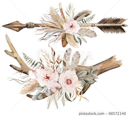 Watercolor arrow and deer antlers with tropical leaves and flowers bouquet, brown and beige Boho Wedding illustration 98572140