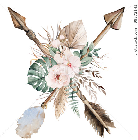 Watercolor crossed arrows with tropical leaves and flowers bouquet, brown and beige Boho Wedding illustration Watercolor crossed arrows with tropical leaves and flowers bouquet, brown and beige Boho Wedding illustration 98572141