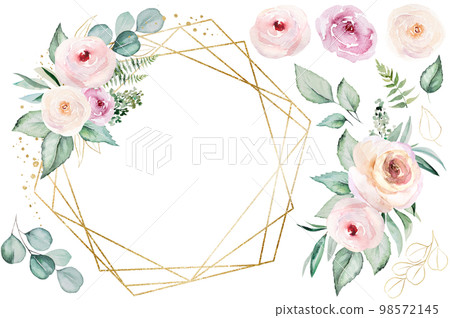 Frame made of pink watercolor flowers and light green leaves, wedding and greeting illustration 98572145