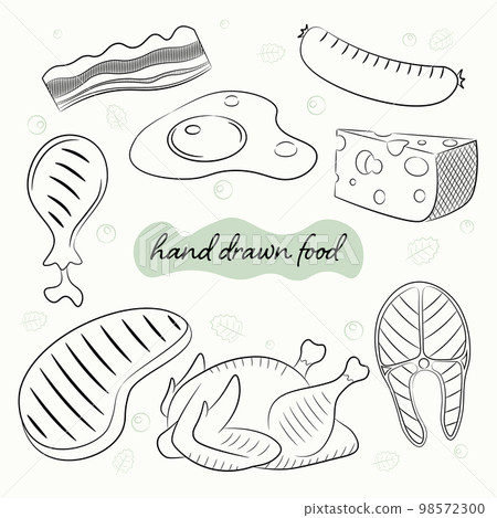 a set of hand drawn meat food, fried eggs and cheese a set of hand drawn meat food, fried eggs and cheese 98572300