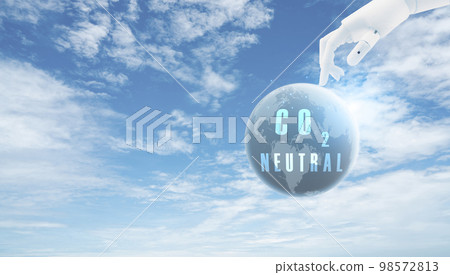 Carbon neutral concept. Robot hand touch CO2 neutral in globe map on blue sky background. Carbon neutral web banner. Global carbon neutrality concept. AI and environmental protection concept. 98572813