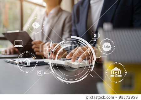 House model with agent asking costumer for contract to buy, get insurance or loan real estate or property. 98572959