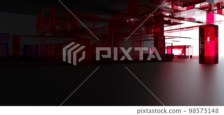 Luxury parametric abstract architectural minimalistic background. Contemporary showroom. Modern black exhibition tunnel. Empty gallery. Stand, table. Interior backlight. 3D illustration and rendering. 98573148