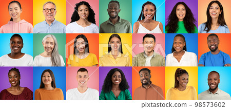 Different happy multiethnic people standing isolated over bright multicolored backgrounds 98573602