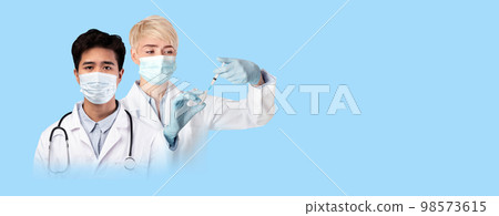 Multiethnic doctors working while flu season, blue background, collage 98573615