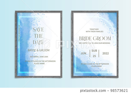 Wedding frame Invitation cards blue design collection in watercolor style. Watercolor texture background, brochure, invitation template. 98573621