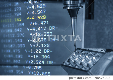 Abstract scene the 5-axis machining center cutting the V8 engine cylinder block and G-code data background. 98574008