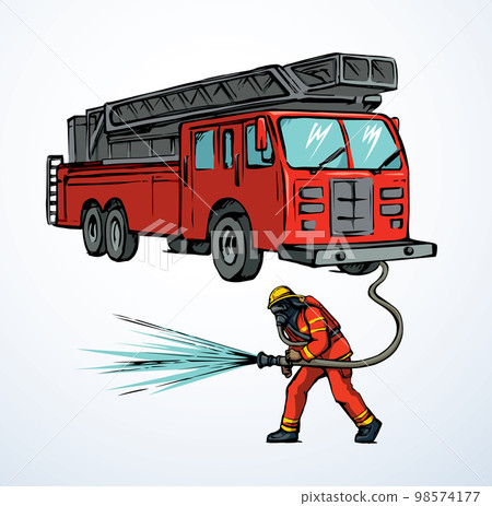 Vector drawing. Firefighter puts out the fire 98574177