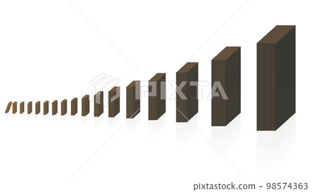 Domino chain reaction with increasing pieces. The smallest one starts, the bigger dominoes are still standing. Symbol for dangerous development and aggravation. Isolated vector on white. 98574363