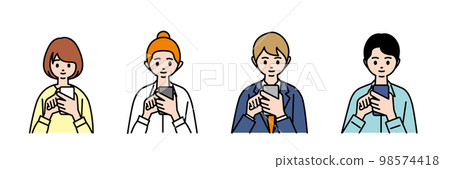 Four men and women fiddling with smartphones 98574418