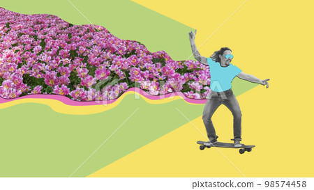 Man running away with pink flowers on light background. Contemporary art collage or creative design. Inspiration, creativity and fashion concept. Concept of love, holiday, women's day, beauty. 98574458