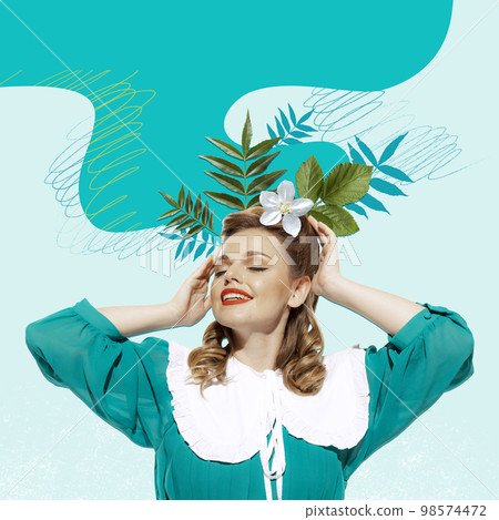 Creative colorful design. Modern art collage. Beautiful young woman with flowers. Concept of holiday, women's day, beauty. Copy space for ad. Abstract contemporary portrait of young woman. 98574472