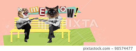 Contemporary art collage. Creative design. Couple with cat's head sitting and singing with guitars. Spring mood. Concept of holiday, women's day, surrealism, hobby, animal theme. Copy space Contemporary art collage. Creative design. Couple with cat's head sitting and singing with guitars. Spring mood. Concept of holiday, women's day, surrealism, hobby, animal theme. Copy space 98574477