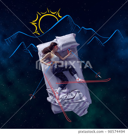 Creative design with line art. Young girl sleeping and dreaming about skiing in snowy mountains. Vacation 98574494