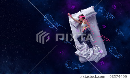 Creative design with line art. Young girl sleeping and dreaming of being superwoman, flying over starry night sky with cute ghosts 98574499
