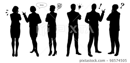 六個男人和女人的剪影插圖,其中包括一個困惑的女人、一個有疑問的人以及一個有想法的男性商人。 六個男人和女人的剪影插圖,其中包括一個困惑的女人、一個有疑問的人以及一個有想法的男性商人。 98574505