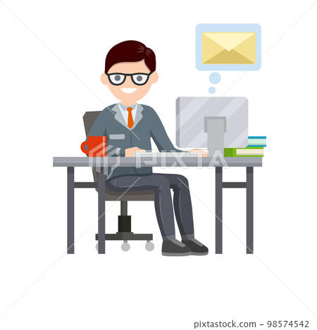 Young man sit at table with computer Young man sit at table with computer 98574542