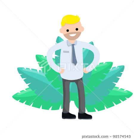 Businessman in suit. Man gestures hand. Office worker. happy Employee of company stands in pose. Funny guy in tie. Cartoon flat illustration Businessman in suit. Man gestures hand. Office worker. happy Employee of company stands in pose. Funny guy in tie. Cartoon flat illustration 98574543
