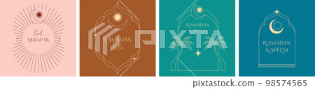 Collection of post templates design, minimal linear style Islamic Ramadan Kareem. Moon, mosque dome 98574565