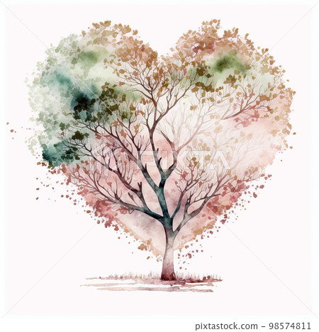 The Tree of love. Heart tree. Symbol of love. Heart watercolor painting. Watercolor valentines day background 98574811