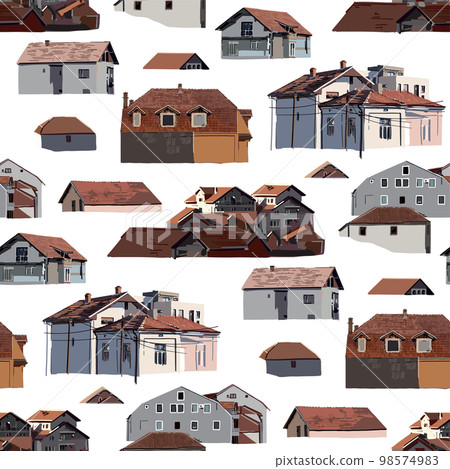 Repeated pattern of a small cozy houses with red tiled roofs Repeated pattern of a small cozy houses with red tiled roofs 98574983