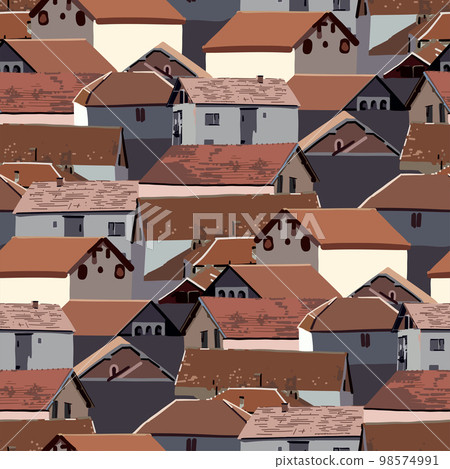 Repeated pattern of a small cozy houses with red tiled roofs 98574991