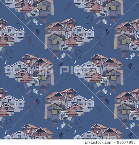 Group of small houses in a mountains with white walls and red tiled roofs 98574995