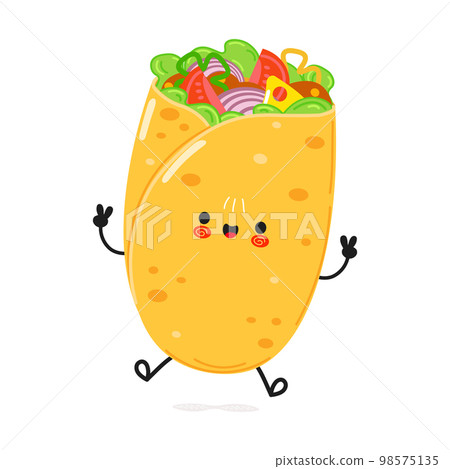 Cute funny burrito jumping character. Vector hand drawn cartoon kawaii character illustration icon. Isolated on white background. Burrito character concept Cute funny burrito jumping character. Vector hand drawn cartoon kawaii character illustration icon. Isolated on white background. Burrito character concept 98575135