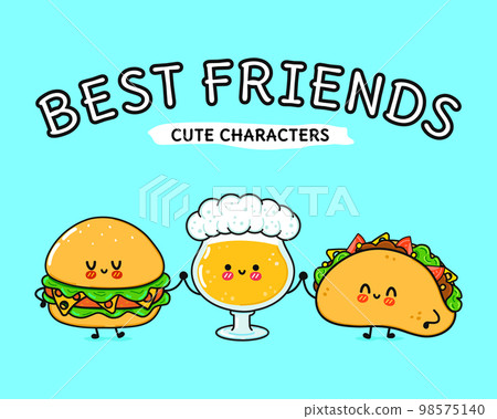Cute, funny happy glass of beer taco hamburger. Vector hand drawn cartoon kawaii characters, illustration icon. Funny cartoon glass of beer taco hamburger mascot friends concept Cute, funny happy glass of beer taco hamburger. Vector hand drawn cartoon kawaii characters, illustration icon. Funny cartoon glass of beer taco hamburger mascot friends concept 98575140