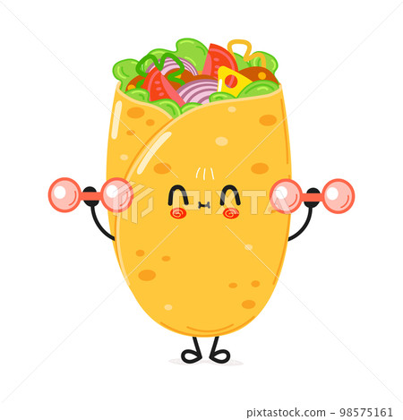 Cute funny burrito character with dumbbells. Vector hand drawn cartoon kawaii character illustration icon. Isolated on white background. Burrito character gym concept Cute funny burrito character with dumbbells. Vector hand drawn cartoon kawaii character illustration icon. Isolated on white background. Burrito character gym concept 98575161
