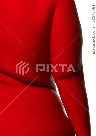 Cropped image of female body with red light on her skin over white background. Parts of body. Concept of natural beauty, bodypositive, fashion, art. 98575461