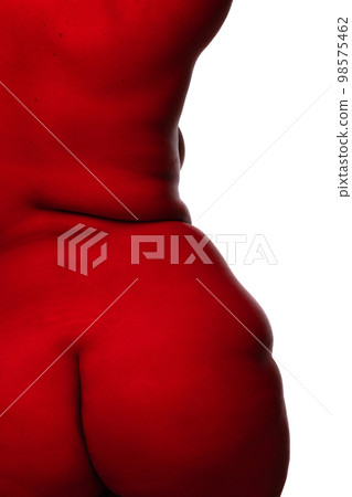 Cropped image of female body with red light on her skin over white background. Parts of body. Concept of natural beauty, bodypositive, fashion, art. 98575462