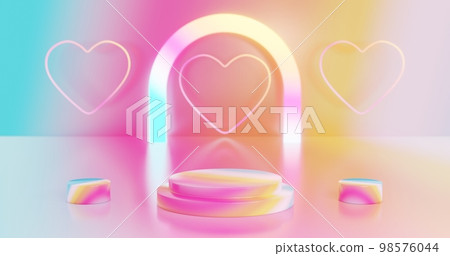 Pastel podium double step round stage with hearts neon light at the wall. 98576044