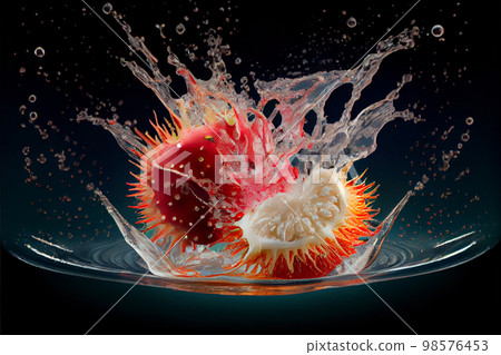 lychee splash with color on black background lychee splash with color on black background 98576453
