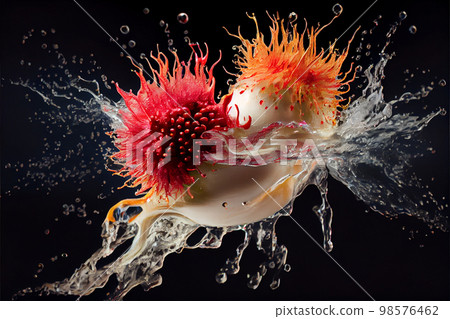 lychee splash with color on black background 98576462