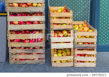 Organic Apples Crates Stack Organic Apples Crates Stack 98576817