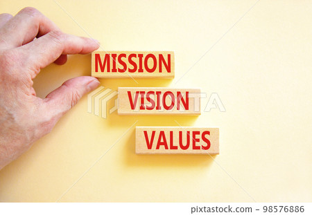 Mission vision values symbol. Concept words Mission Vision Values on wooden blocks on a beautiful white table white background. Businessman hand. Business mission vision values concept. Copy space. 98576886
