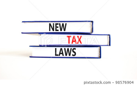 New tax laws symbol. Concept words New tax laws on books on a beautiful white table white background. Business new tax laws concept. Copy space. New tax laws symbol. Concept words New tax laws on books on a beautiful white table white background. Business new tax laws concept. Copy space. 98576904