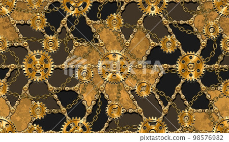 Seamless gold pattern with gearwheels, rivets chains, metallic surface. Seamless gold pattern with gearwheels, rivets chains, metallic surface. 98576982