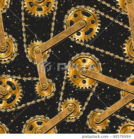 Seamless pattern with gold gears, bike chains, rivets Seamless pattern with gold gears, bike chains, rivets 98576984