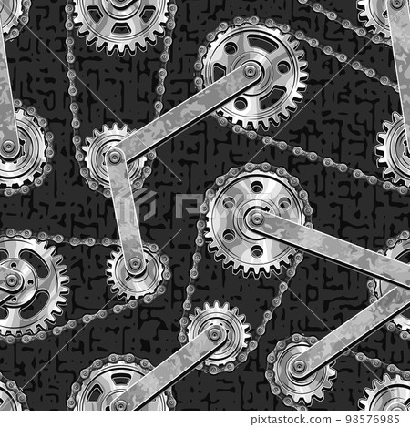 Pattern with steel gears, bike chains, metal rails Pattern with steel gears, bike chains, metal rails 98576985