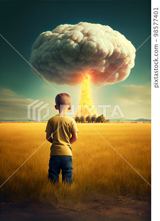 Active kid in looking at distant nuclear explosion in the field. Fantastic apocalyptic landscape Active kid in looking at distant nuclear explosion in the field. Fantastic apocalyptic landscape 98577401