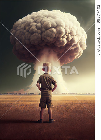 Active kid in looking at distant nuclear explosion in the field. Fantastic apocalyptic landscape Active kid in looking at distant nuclear explosion in the field. Fantastic apocalyptic landscape 98577402