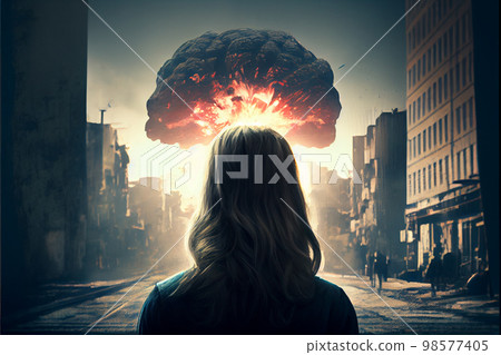Active young woman in looking at distant nuclear explosion in the field. Fantastic apocalyptic landscape 98577405