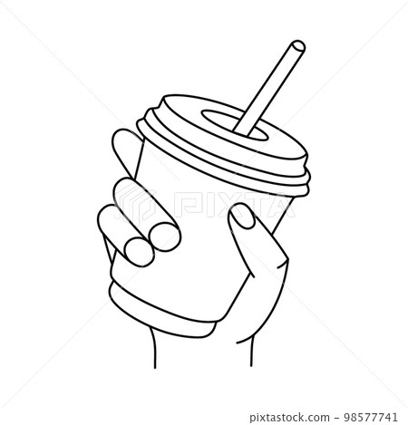Human hand with tea mug cup. Breakfast time. Hand holding disposable coffee cup. Coffee break, breakfast, hot drinks. Vector illustration 98577741