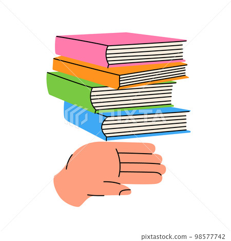 Hand with stack of books. Read more. Bookstore, library, book shop illustration. Literature, dictionaries, encyclopedias, planners. Hand with stack of books. Read more. Bookstore, library, book shop illustration. Literature, dictionaries, encyclopedias, planners. 98577742