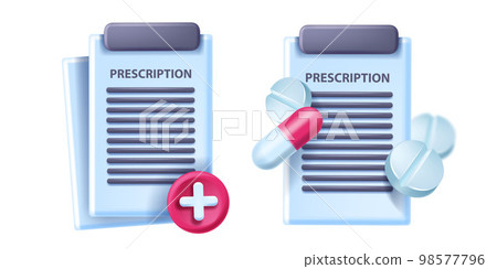 3D prescription pharmacy icon, insurance control medical concept, pills, capsule, clipboard on white 98577796