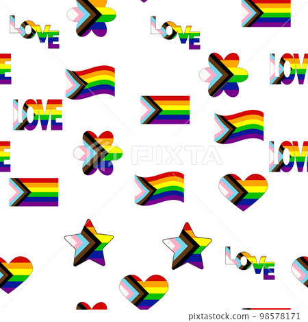 Seamless pattern with new lgbt flag, hearts, text, flower and flag. Gay pride. Pride Month. Love, lgbtq 98578171